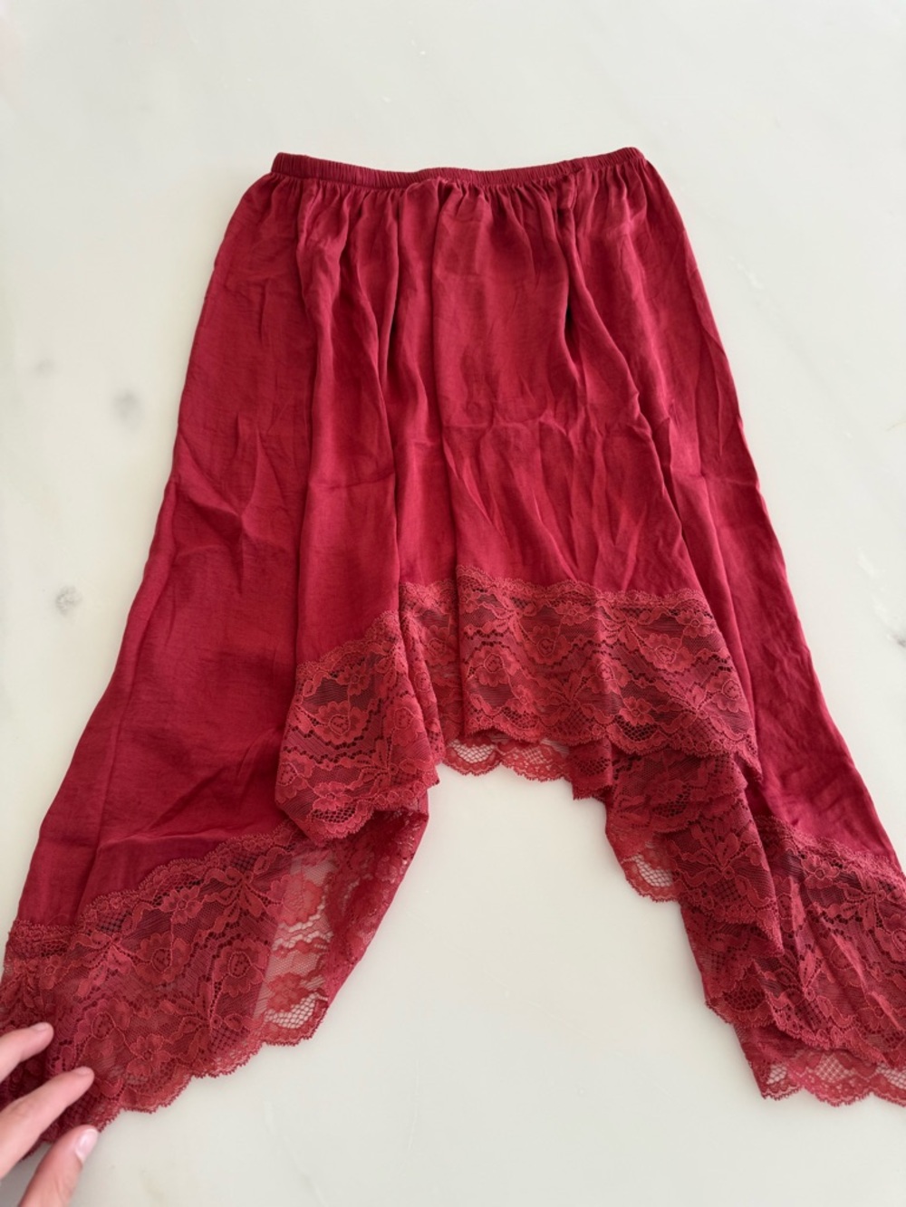 aerie Burgundy Asymmetrical Lace-Trim Midi Skirt
